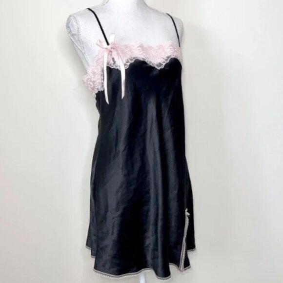 Victoria's Secret Angels Black Satin Pink Lace-Ribbon Slip Dress SZ Large Womens - Picture 16 of 16